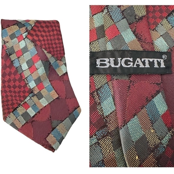Bugatti Tie Italian Silk Wide Patchwork Patterned Print Burgandy & Gray 56” x 4” - Picture 1 of 12
